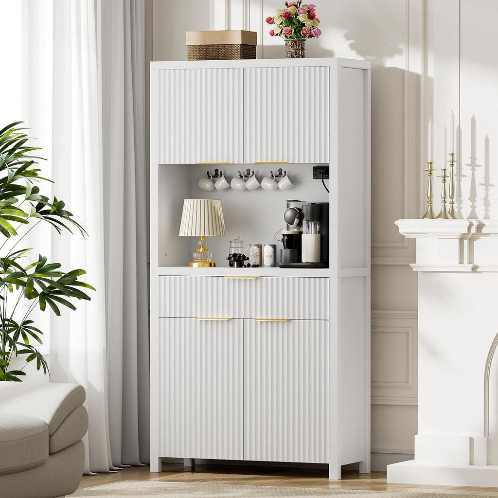 Lulive White Fluted Pantry Cabinet with Charging Station, Adjustable Shelves, Spacious Kitchen Storage Organizer with Open Countertop, Kitchen Hutch with Storage Drawers for Dining & Living Room