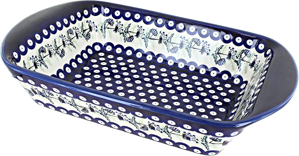 Blue Rose Polish Pottery - Blue Sweet Annie Large Rectangular Baker with Handles - 11.5' x 9.25' - Unique, Dishwasher Safe, & Durable Bakeware