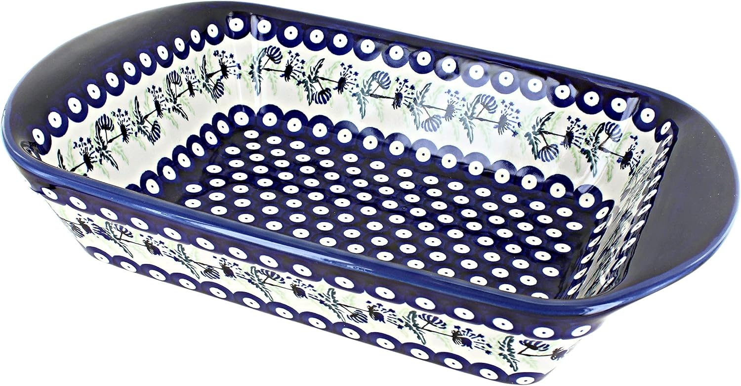 Blue Rose Polish Pottery - Blue Sweet Annie Large Rectangular Baker with Handles - 11.5' x 9.25' - Unique, Dishwasher Safe, & Durable Bakeware