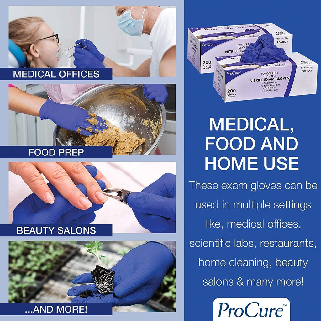 ProCure Disposable Nitrile Gloves - Medium, 2,000 Count Case - Powder Free, Rubber Latex Free, Medical Exam Grade, Non Sterile, Ambidextrous - Soft with Textured Tips - Cool Blue
