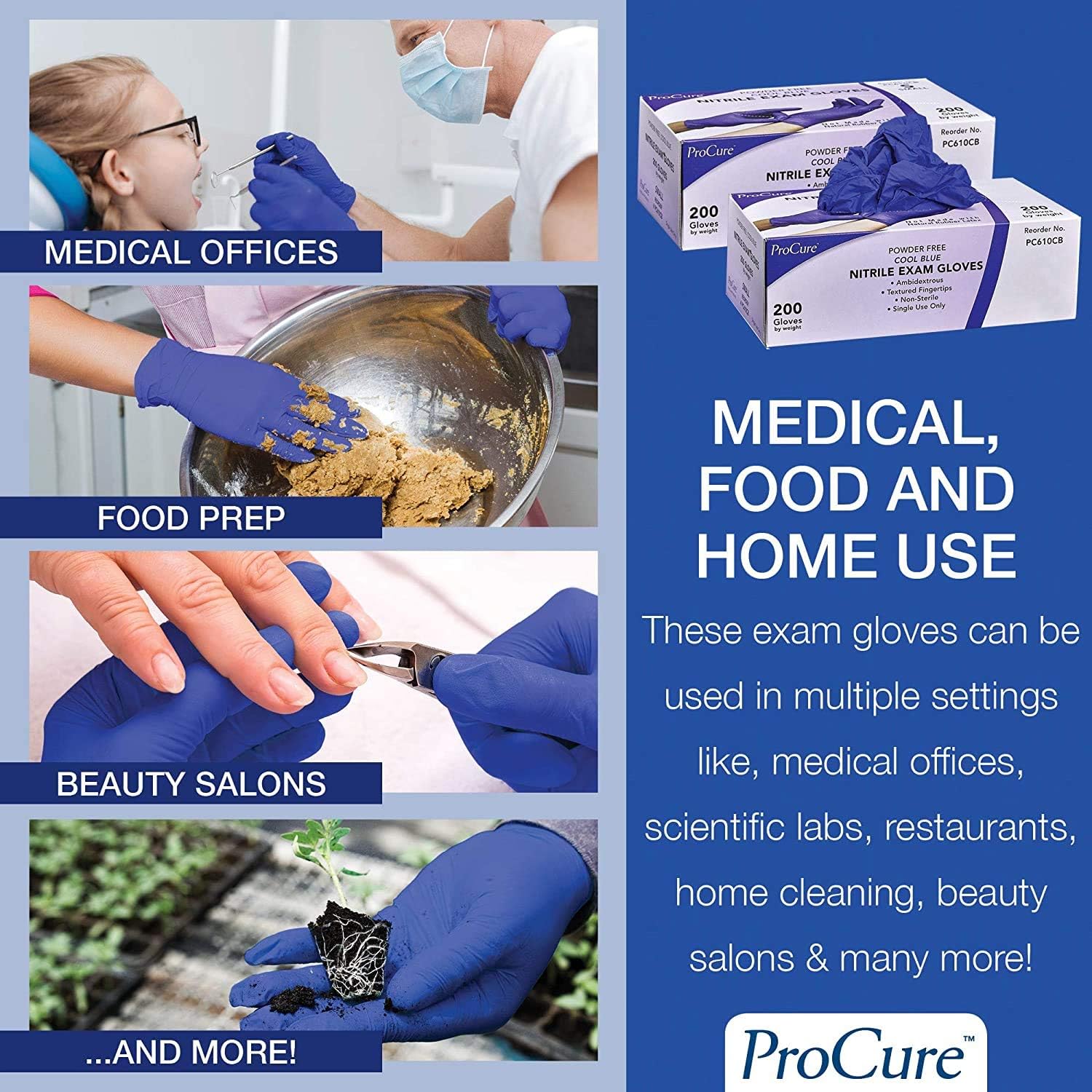 ProCure Disposable Nitrile Gloves - Medium, 2,000 Count Case - Powder Free, Rubber Latex Free, Medical Exam Grade, Non Sterile, Ambidextrous - Soft with Textured Tips - Cool Blue