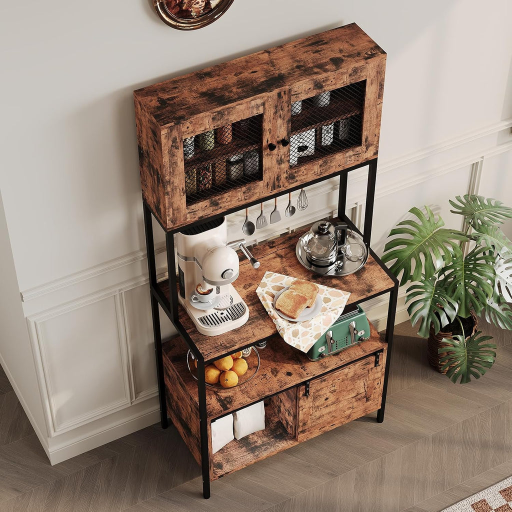 CuisinSmart 5 Tier Industrial Baker's Rack with Power Outlets, 63'' Tall Microwave Oven Stand with Cabinets & Open Shelves, Farmhouse Coffee Bar Station for Kitchen Living Rooms Apartments, Brown