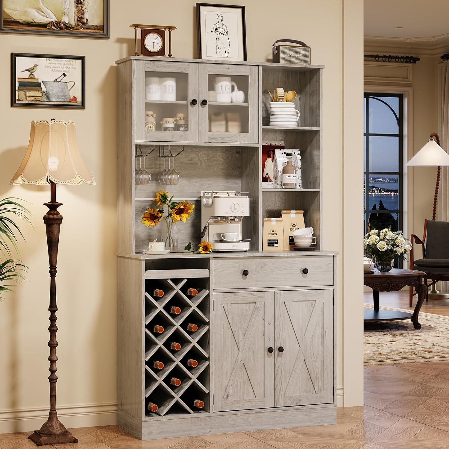 Coffee Bar Cabinet with Power Outlet & Exquisite Barn Doors, Sideboard Buffet Cabinet with Wine Bottle Rack, Storage Cabinet for Kitchen, Dining Room