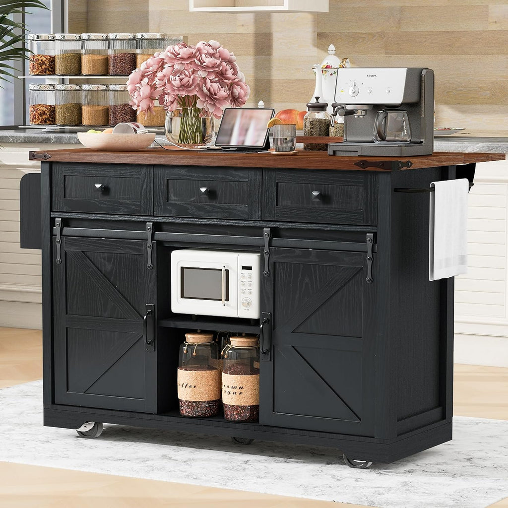 53.7' Farmhouse Rolling Kitchen Island Cart on Wheels with Power Outlet, Storage Island with Drop Leaf, Spice Rack, 2 Sliding Barn Door and Drawer for Dining Room Kitchens Living Room Black
