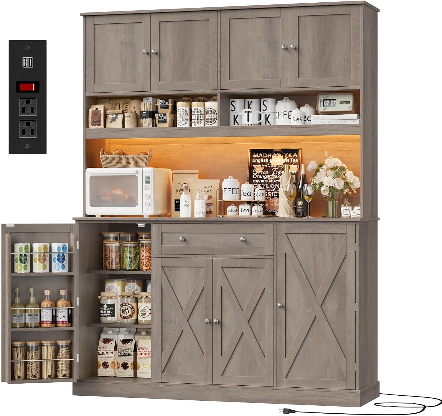 HIFIT 72.8' Tall Kitchen Pantry Cabinet with LED & Charging Station, 55' Wide Farmhouse Pantry Cabinet with Microwave Stand&Shelves&Swing-Out Door, Kitchen Hutch Coffee Bar for Living Room, Grey