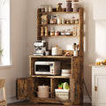 GarveeHome Bakers Rack with Power Outlet and 2 Doors, 63' Tall Farmhouse Wood Microwave Stand with Hutch & 3 Shelves, Coffee Bar Cabinet with Thick Counter, Sturdy Frame, for Kitchen, Rustic Brown