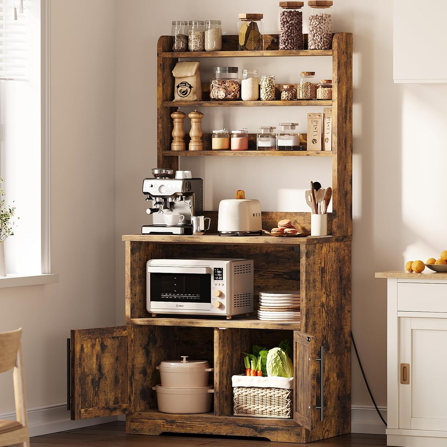 GarveeHome Bakers Rack with Power Outlet and 2 Doors, 63' Tall Farmhouse Wood Microwave Stand with Hutch & 3 Shelves, Coffee Bar Cabinet with Thick Counter, Sturdy Frame, for Kitchen, Rustic Brown