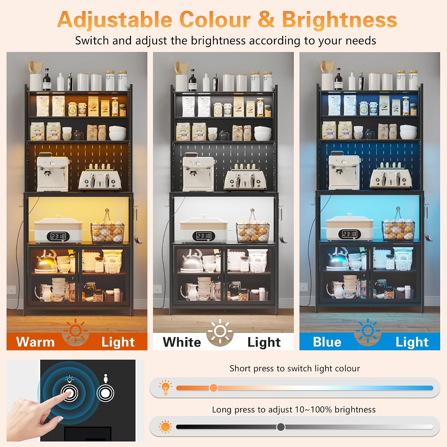 67'' LED Kitchen Pantry Cabinet with Pegboard, 3 Color Dimmable Bakers Rack with Charging Station Adjustable Shelves and Hooks, Microwave Stand with Storage