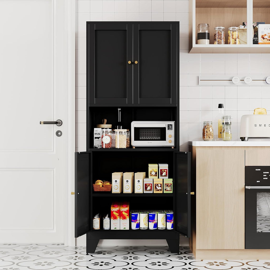 68.9'' Black Metal Kitchen Pantry Cabinet with Doors and Adjustable Shelves, Hutch Cabinet with Microwave Storage, Kitchen cabine can Also be Used in the Living Room.Bathroom, Home