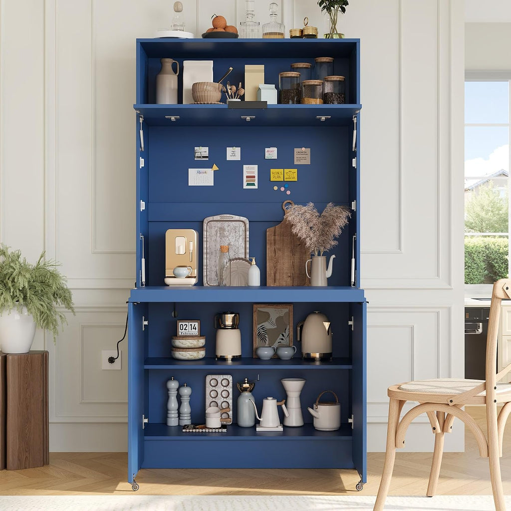 Farmhouse Pantry Cabinet with Foldable Workstation, 69' Tall Buffet with Hutch and Storage, Multifunctional Kitchen Cabinet with Adjustable Shelf and Power Outlet for Dining Room (Dark Blue)