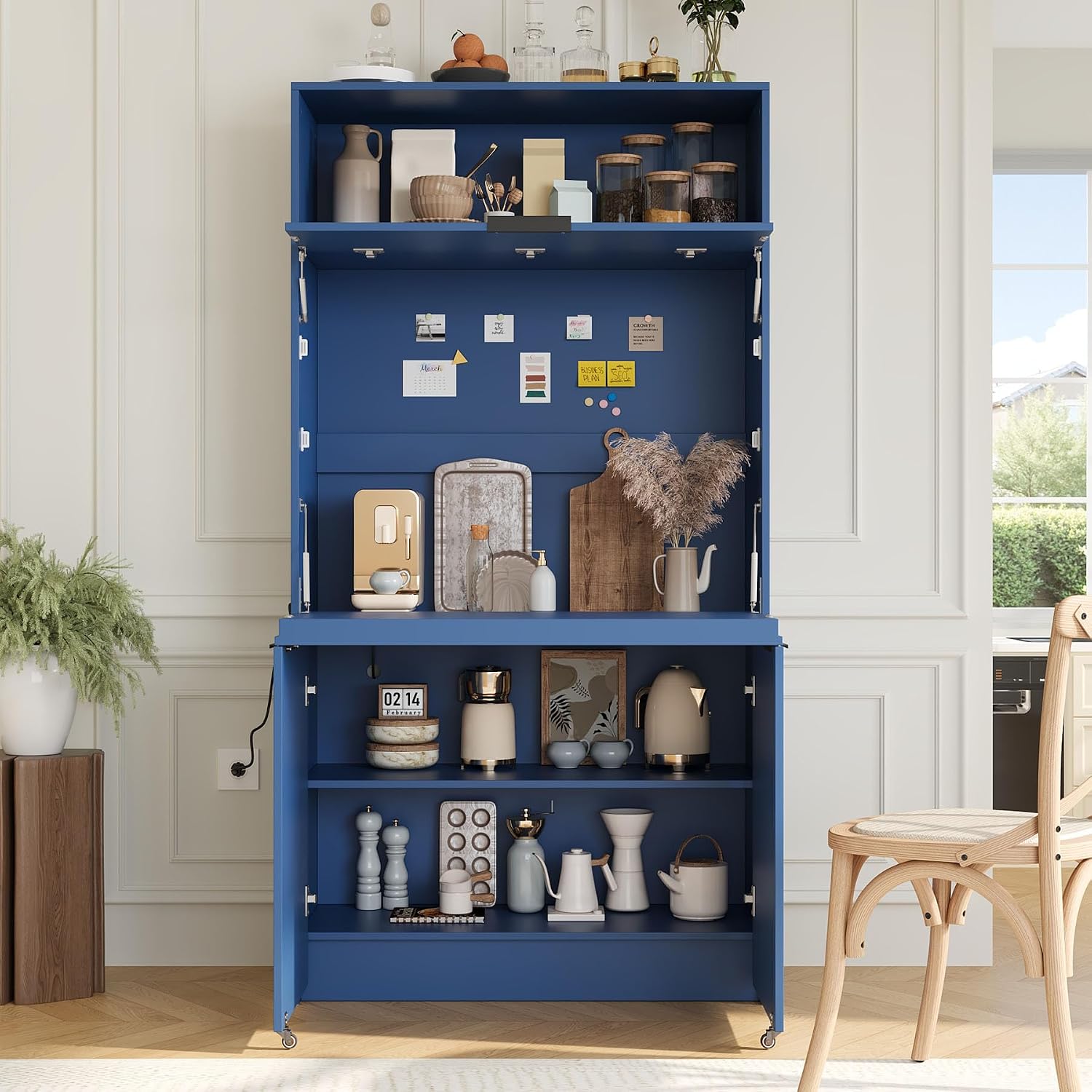 Farmhouse Pantry Cabinet with Foldable Workstation, 69' Tall Buffet with Hutch and Storage, Multifunctional Kitchen Cabinet with Adjustable Shelf and Power Outlet for Dining Room (Dark Blue)