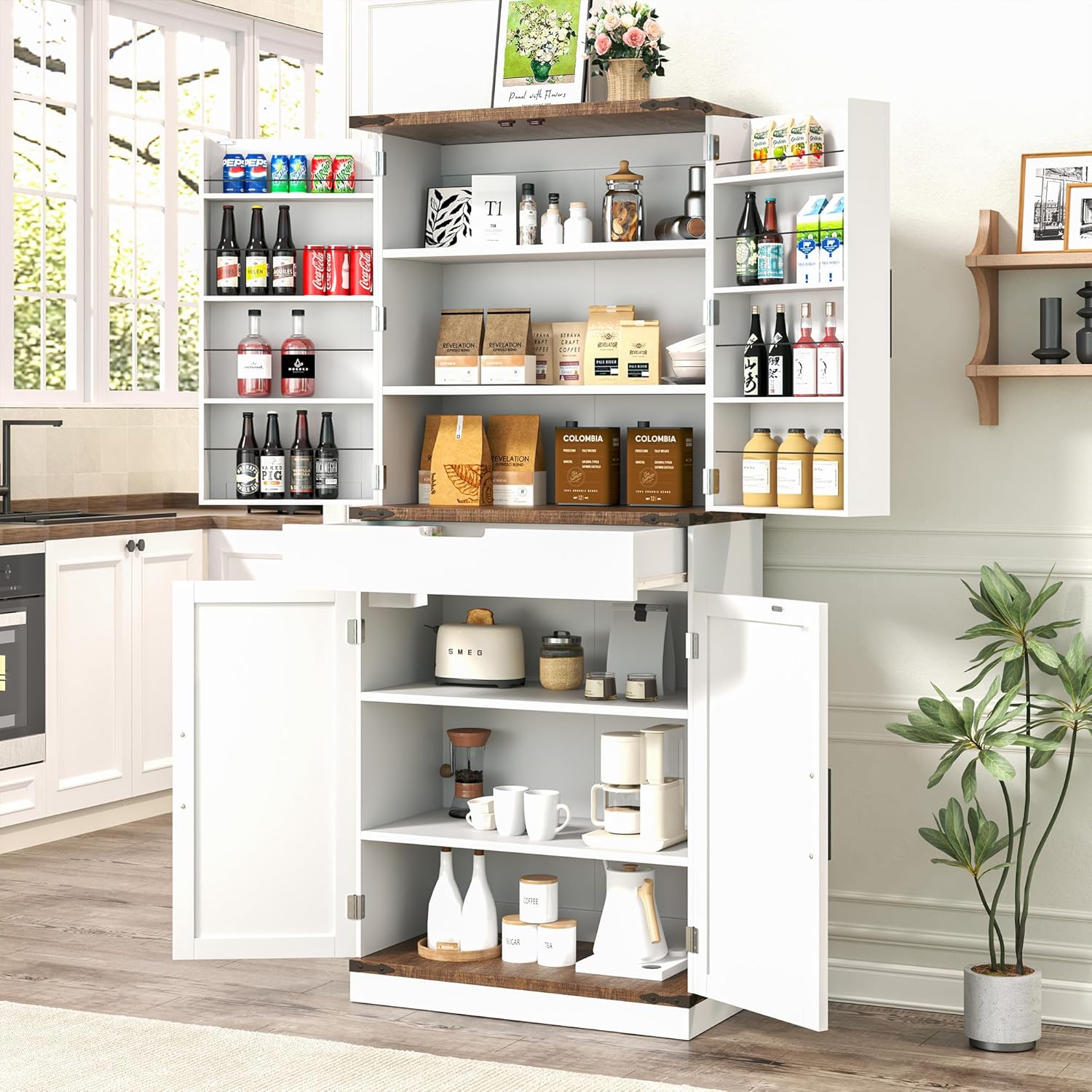 GRUSIGN 72' Kitchen Pantry Storage Cabinet with Doors and Shelves, Wood Farmhouse Pantry Storage with Barn Doors for Kitchen, Dining Room, Living Room