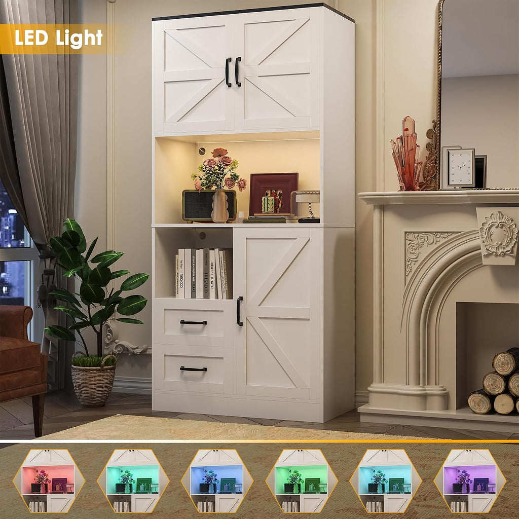 Kitchen Pantry Storage Cabinet with LED Lights and Power Strip, Tall Farmhouse Kitchen Pantry with Barn Doors and Drawers, Adjustable Shelves for Dining Living Room (White)