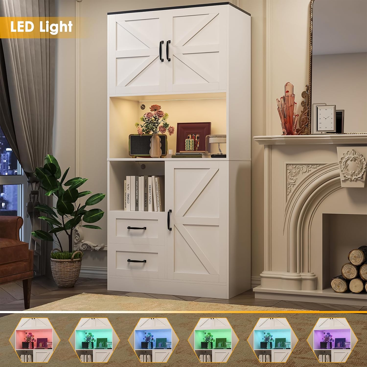 Kitchen Pantry Storage Cabinet with LED Lights and Power Strip, Tall Farmhouse Kitchen Pantry with Barn Doors and Drawers, Adjustable Shelves for Dining Living Room (White)