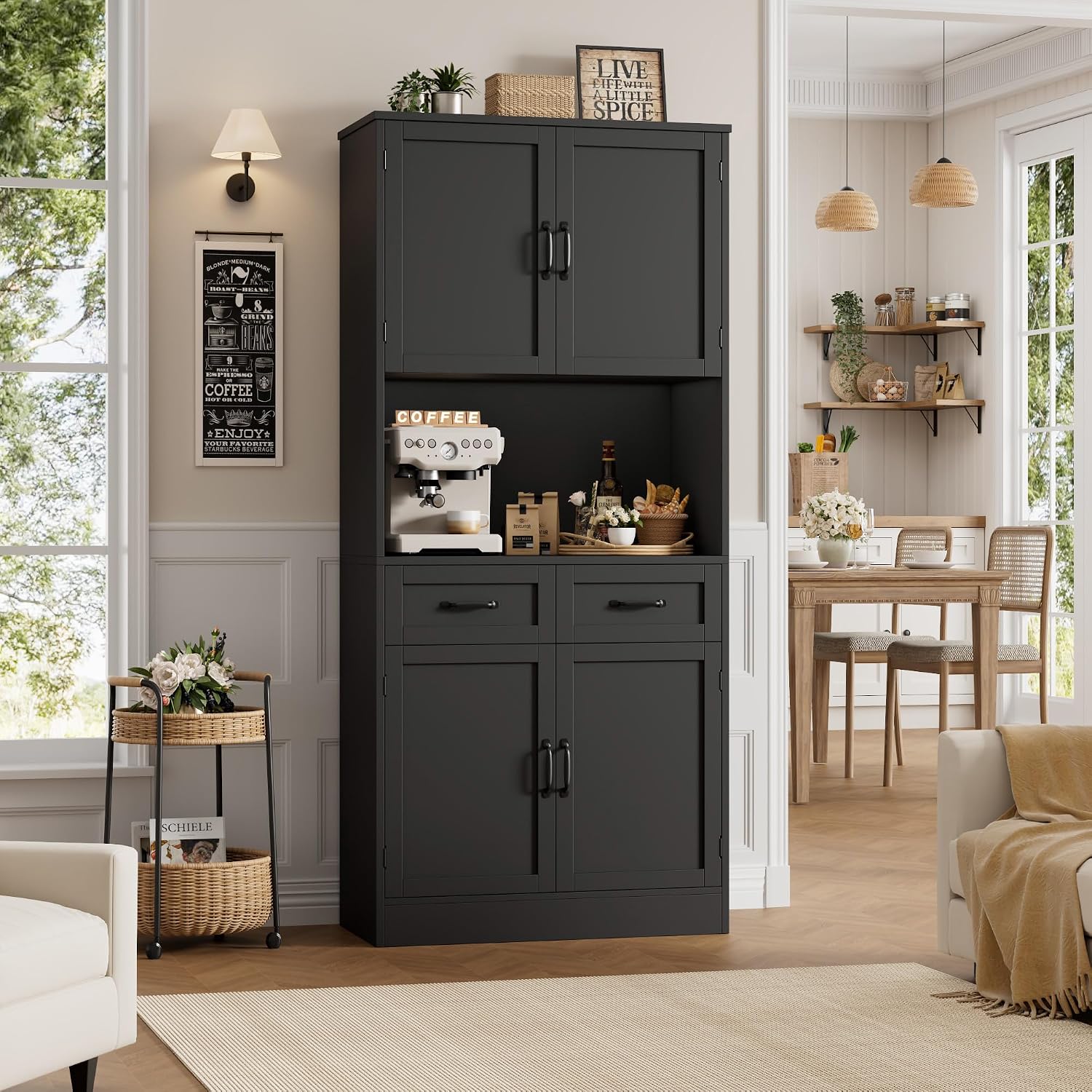 HOSTACK 71' Tall Kitchen Pantry Storage Cabinet, Modern Kitchen Hutch Bar Cabinet with Microwave Stand, Wood Buffet Sideboard with Hutch, Cupboard with Drawers, Shelves for Dining Room, Black