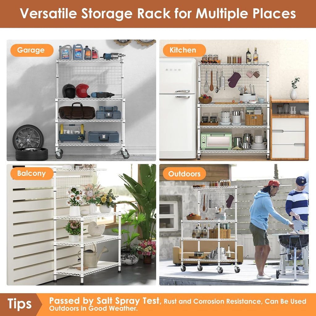 Leteuke 42 Inch Bakers Rack with Wheels, 4-Tier Microwave Stand Kitchen Shelves, NSF Certified Kitchen Storage Cart, Heavy Duty Utility Cart with 20 Hooks & Shelf Liners, 42× 18× 63 Inch, White