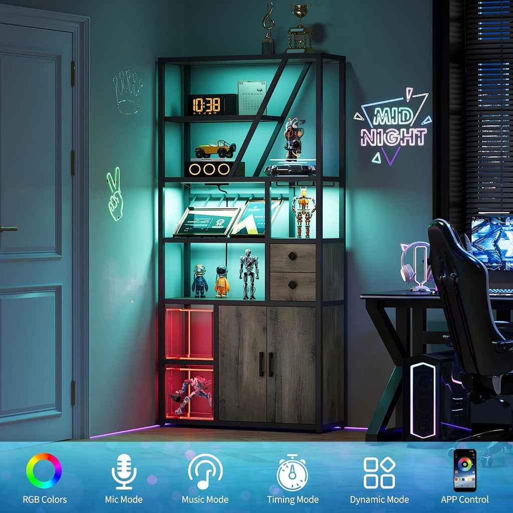 Wine Bar Cabinet with LED Lights, Tall Coffee Bar Station with Power Outlets and Wine Rack - Kitchen Microwave Stand Bakers Rack Cabinet for Living Room, Dining Room & Home Bar