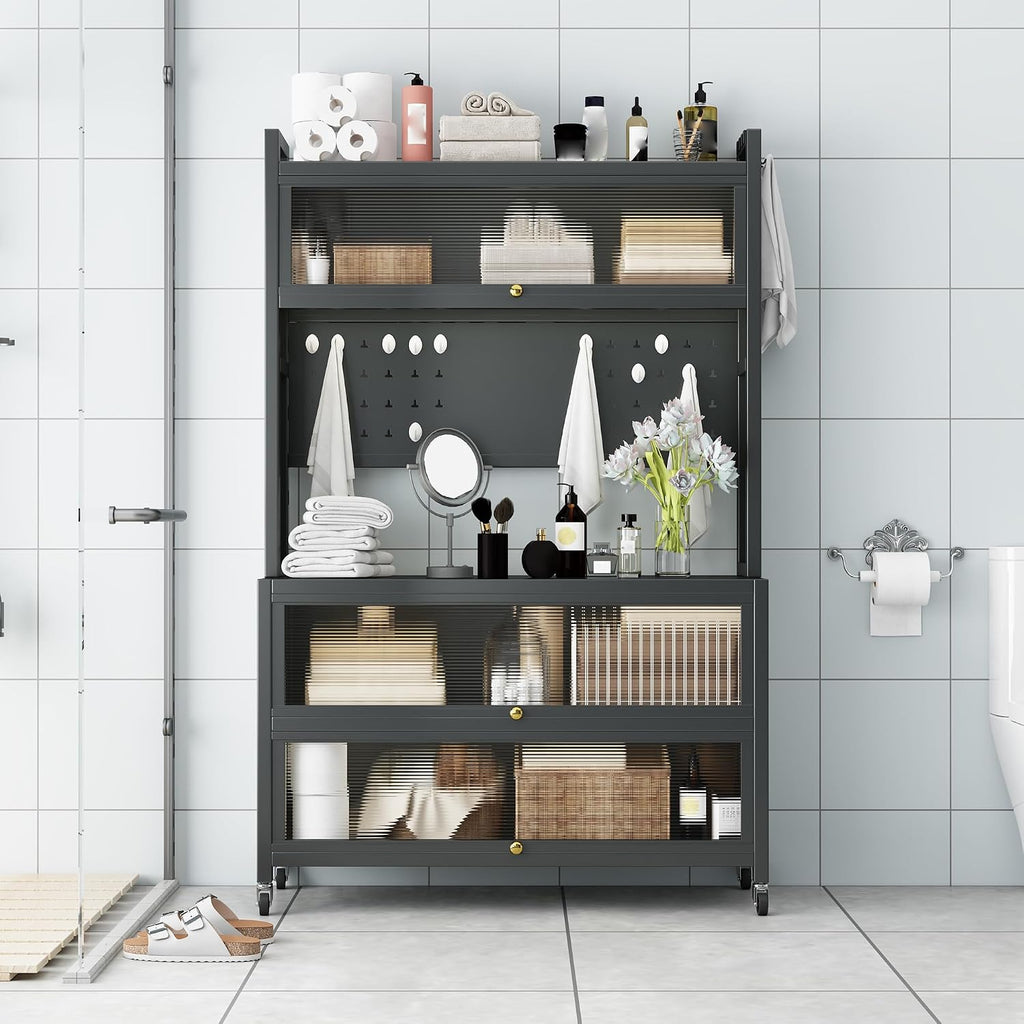 Kitchen Bakers Rack with Wheels, 65' Mobile Storage Cabinet for Living Room with Glass Doors and Pegboard Microwave Stand Coffee Station with Drawers Open Top Shelf for Entryway Dark Gray