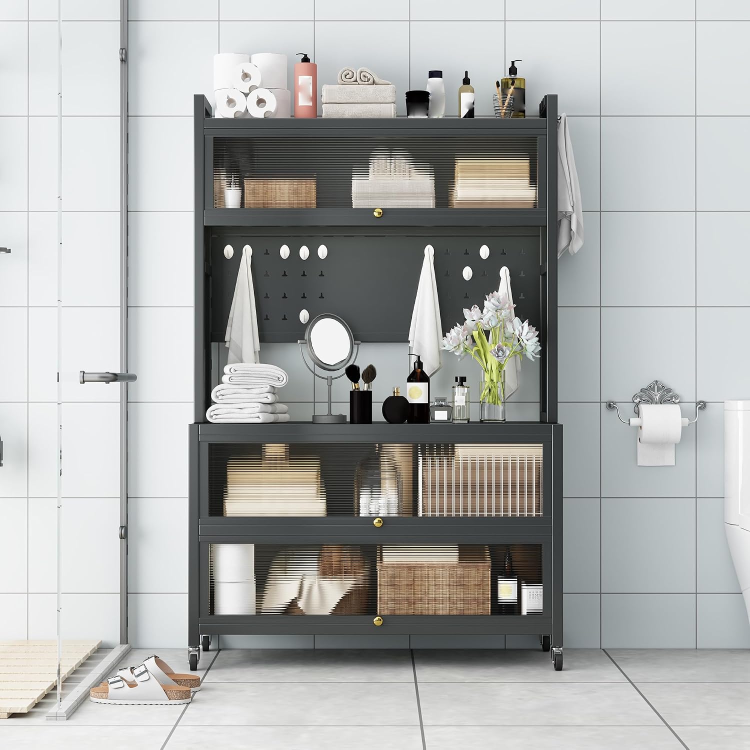 Kitchen Bakers Rack with Wheels, 65' Mobile Storage Cabinet for Living Room with Glass Doors and Pegboard Microwave Stand Coffee Station with Drawers Open Top Shelf for Entryway Dark Gray
