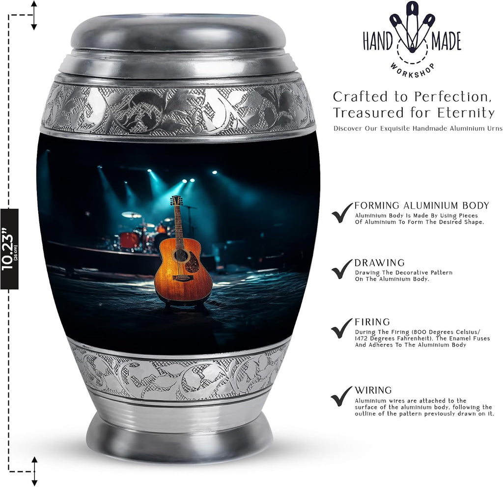 Guitar Urn - Memorial Urn - Secure Lid - Burial Urns - Urns for Adult Male Small - Hand Engraved - 10 inch