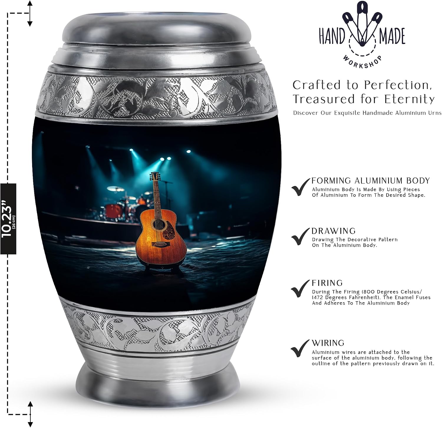 Guitar Urn - Memorial Urn - Secure Lid - Burial Urns - Urns for Adult Male Small - Hand Engraved - 10 inch