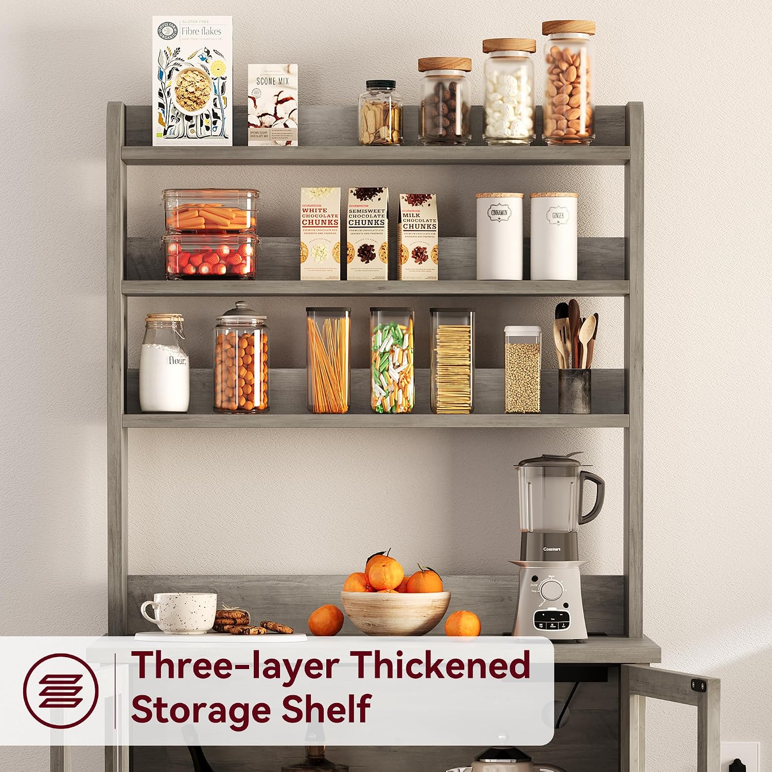GarveeHome Bakers Rack with Power Outlet and 2 Glass Door, 63' Tall Farmhouse Wood Microwave Stand with Hutch & 3 Shelves, Coffee Bar Cabinet with Thick Counter, Sturdy Frame, for Kitchen, Rustic Gray