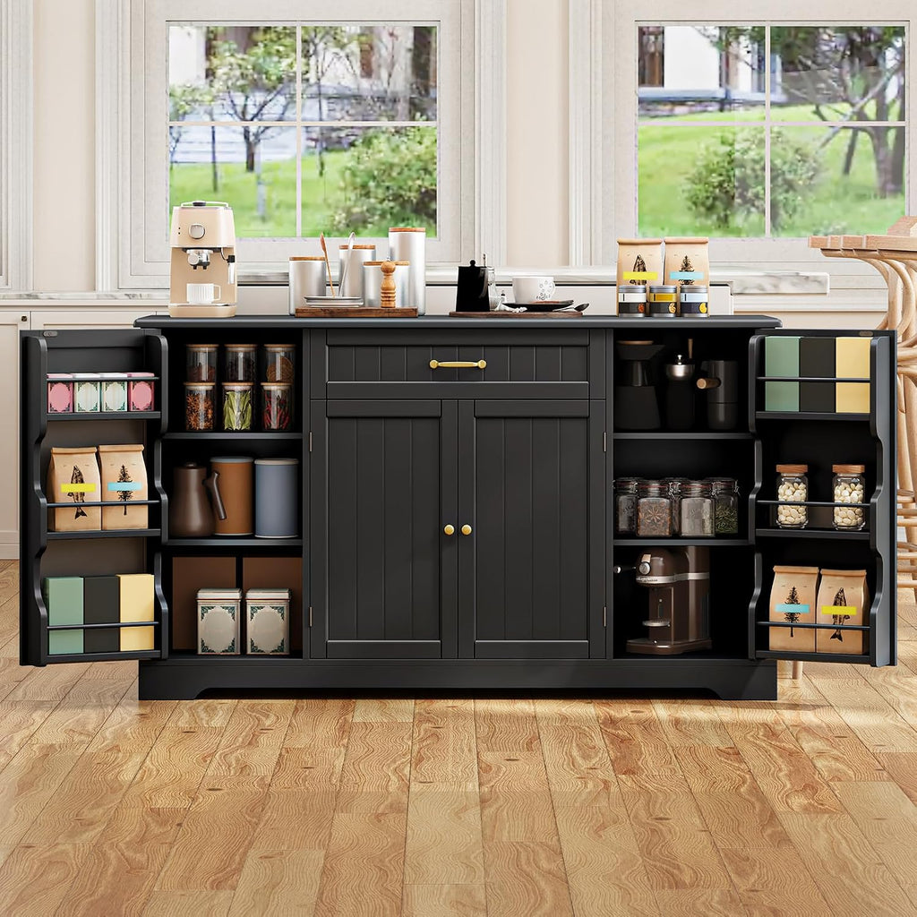 Gizoon 56' Kitchen Coffee Bar Cabinet with Storage Kitchen Sideboard Buffet Cabinet with Drawers, Short Pantry with Door and Shelves for Bathroom and Living Room, Black
