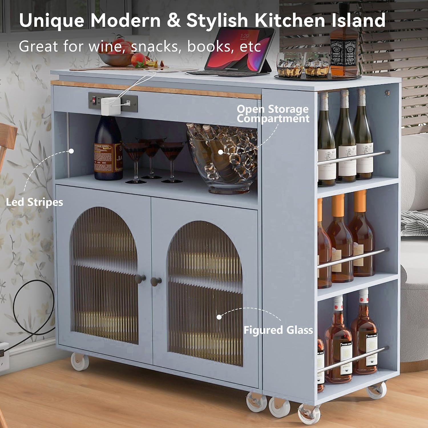 Rolling Kitchen Island Set with Extended Table LED Lights Power Outlets 2 Fluted Glass Doors a Storage Compartment, Side 3 Open Shelves for Dining Room Kitchens Living Room Grey Blue