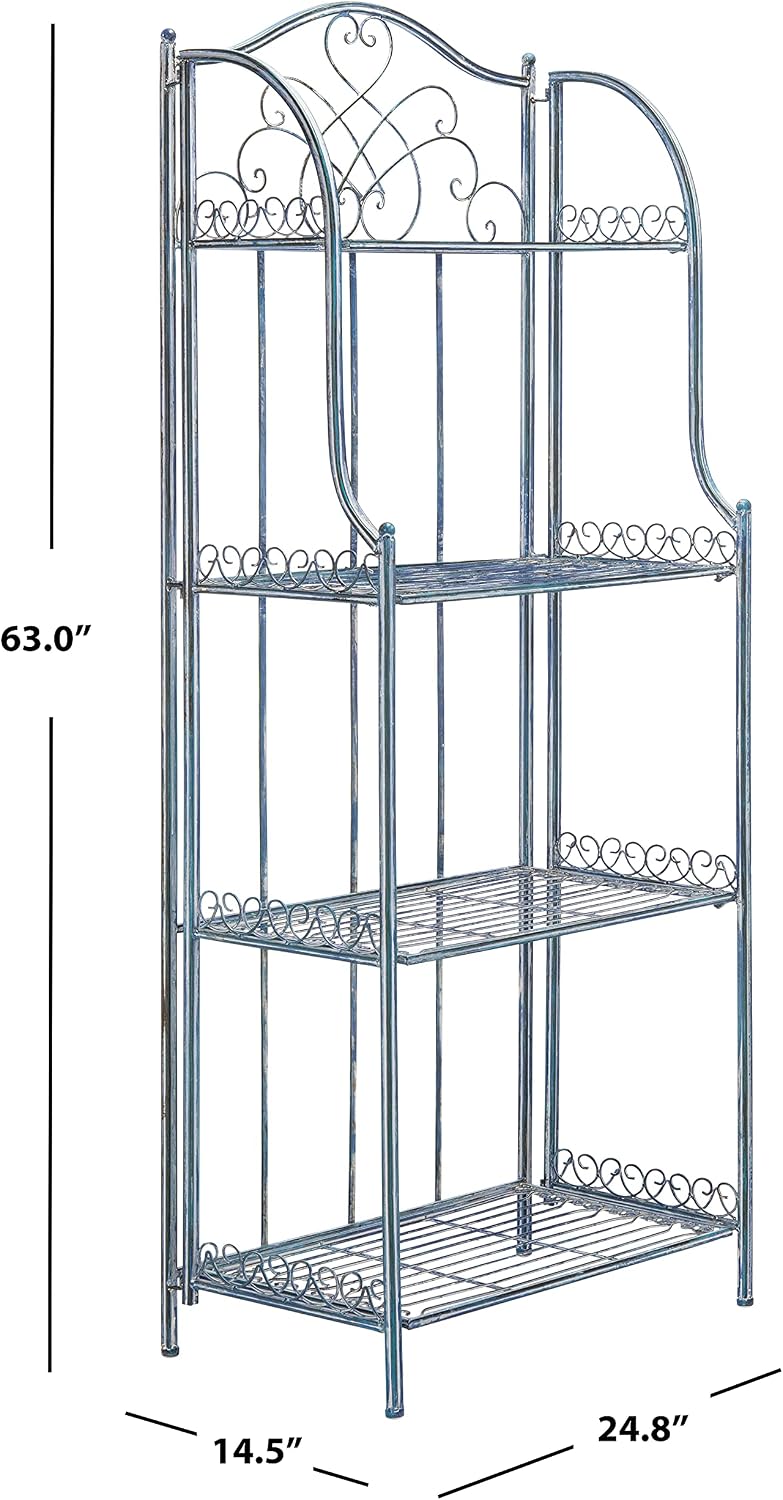 SAFAVIEH Outdoor - Amaris 4-Tier Bakers Rack - Mossy Blue Iron Metal - Vintage Victorian Scrollwork - Ideal for Patio, Deck, Porch, Sunroom, 14.5' W x 25' D x 63' H (PAT5014C)