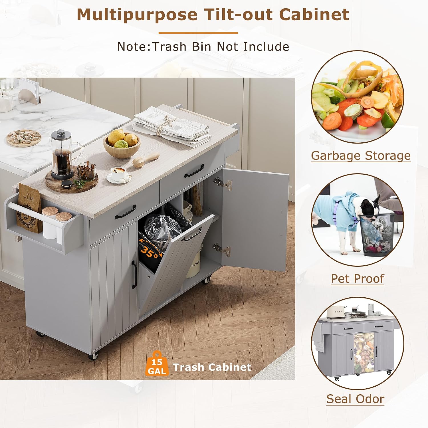 Farmhouse Kitchen Island with Trash Can Storage Cabinet, Kitchen Cart with Drop Leaf, Spice Rack, Towel Rack and Drawer, Rolling Kitchen Island on Wheels with Adjustable Shelf (Grey1)