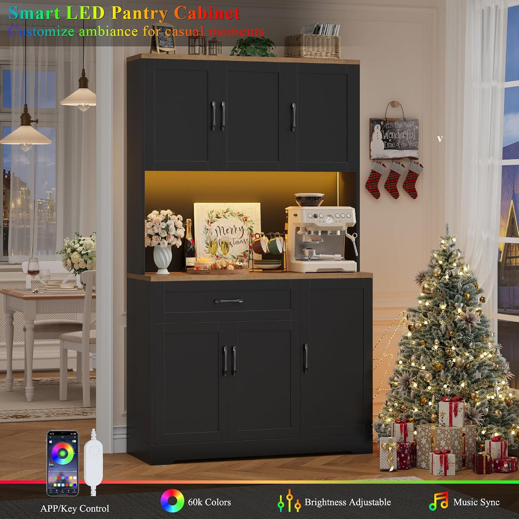 HIFIT 71' LED Kitchen Pantry Cabinet with Power Outlet, Tall Hutch Storage Cabinet with Microwave Stand & 6 Door Shelves, Modern Food Pantry Cabinets with Drawer for Kitchen Dining Living Room, Black