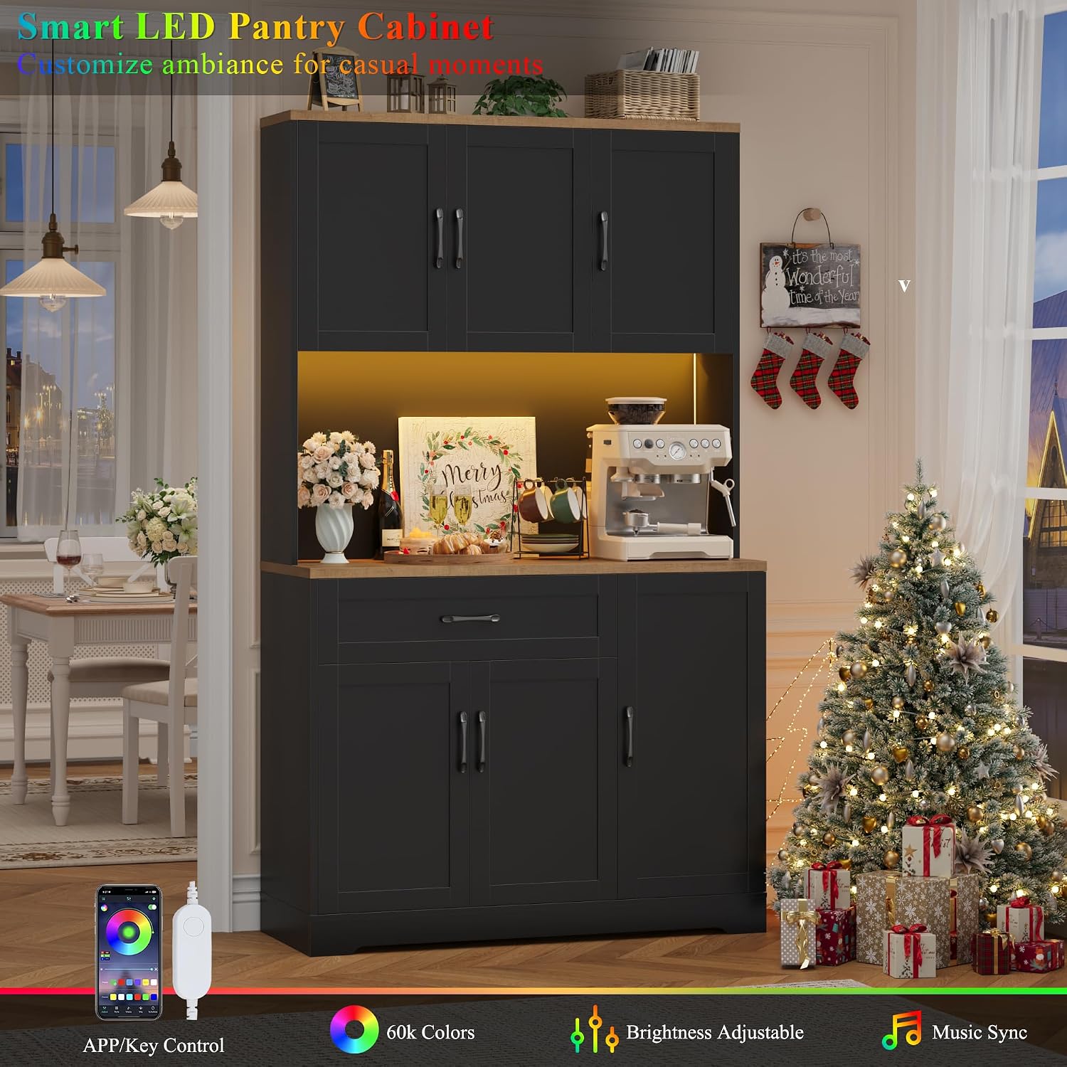 HIFIT 71' LED Kitchen Pantry Cabinet with Power Outlet, Tall Hutch Storage Cabinet with Microwave Stand & 6 Door Shelves, Modern Food Pantry Cabinets with Drawer for Kitchen Dining Living Room, Black
