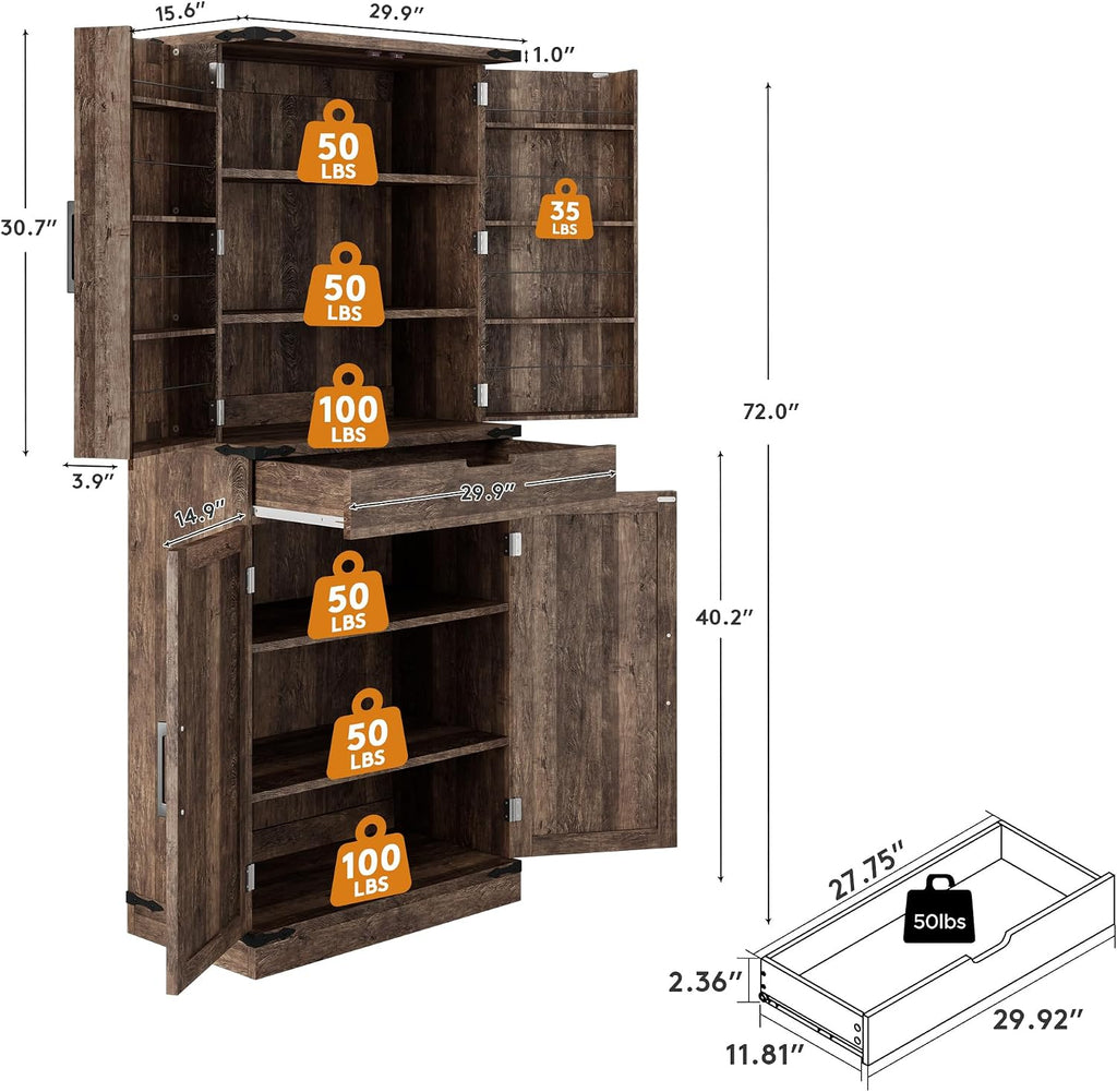 GRUSIGN 72' Kitchen Pantry Storage Cabinet with Doors and Shelves, Wood Farmhouse Pantry Storage with Barn Doors for Kitchen, Dining Room, Living Room, Dark Brown
