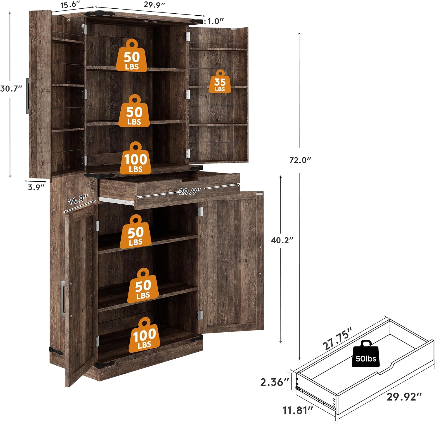 GRUSIGN 72' Kitchen Pantry Storage Cabinet with Doors and Shelves, Wood Farmhouse Pantry Storage with Barn Doors for Kitchen, Dining Room, Living Room, Dark Brown