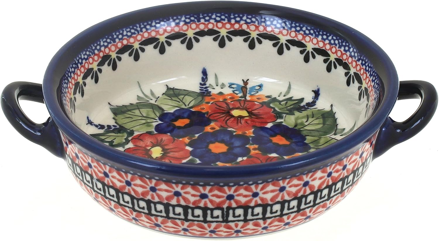 Blue Rose Polish Pottery - Red Floral Butterfly Small Baker with Handles - 6' Diameter - Unique, Dishwasher Safe, & Durable Bakeware