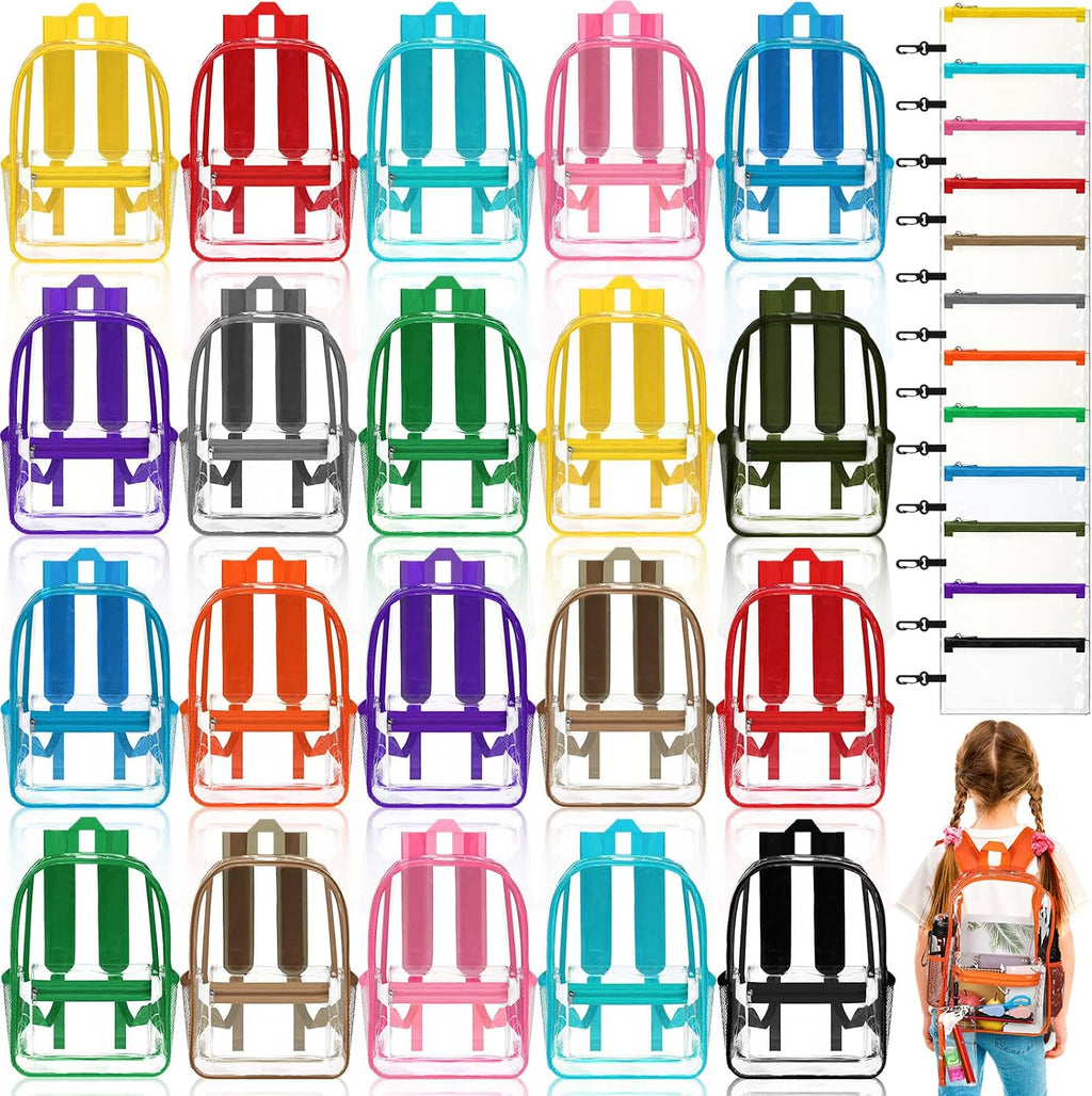 Cholemy 24 Set Clear Backpack with Pencil Case Bulk Heavy Duty PVC Transparent School Bag for Students Women Men Travel(Multicolor)