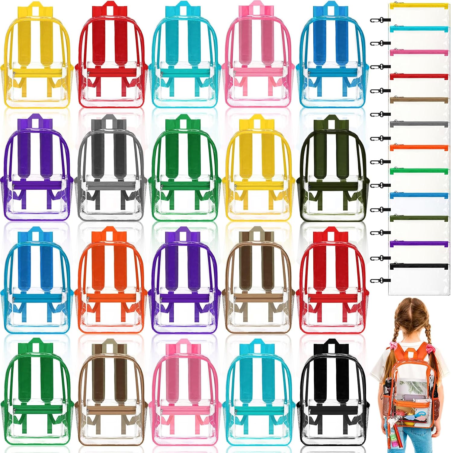 Cholemy 24 Set Clear Backpack with Pencil Case Bulk Heavy Duty PVC Transparent School Bag for Students Women Men Travel(Multicolor)