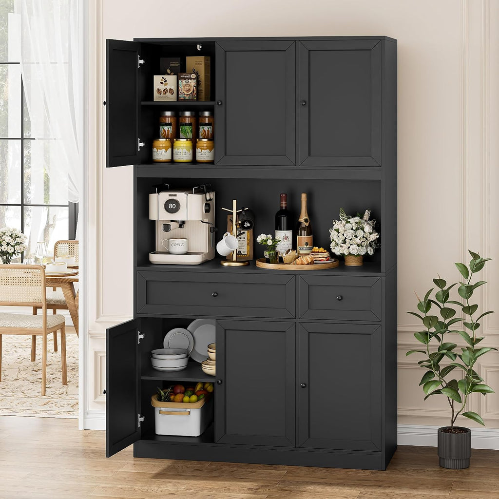 BOTLOG 72' Kitchen Pantry Cabinet, Kitchen Hutch with Microwave Stand, Buffet Cabinet with Hutch for Dining Room, Black