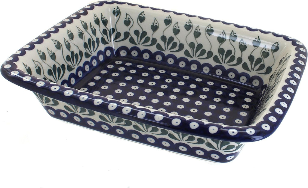 Blue Rose Polish Pottery - Blue Alyce Small Rectangular Baker - 11.25' x 9.25' - Unique, Dishwasher Safe, & Durable Bakeware