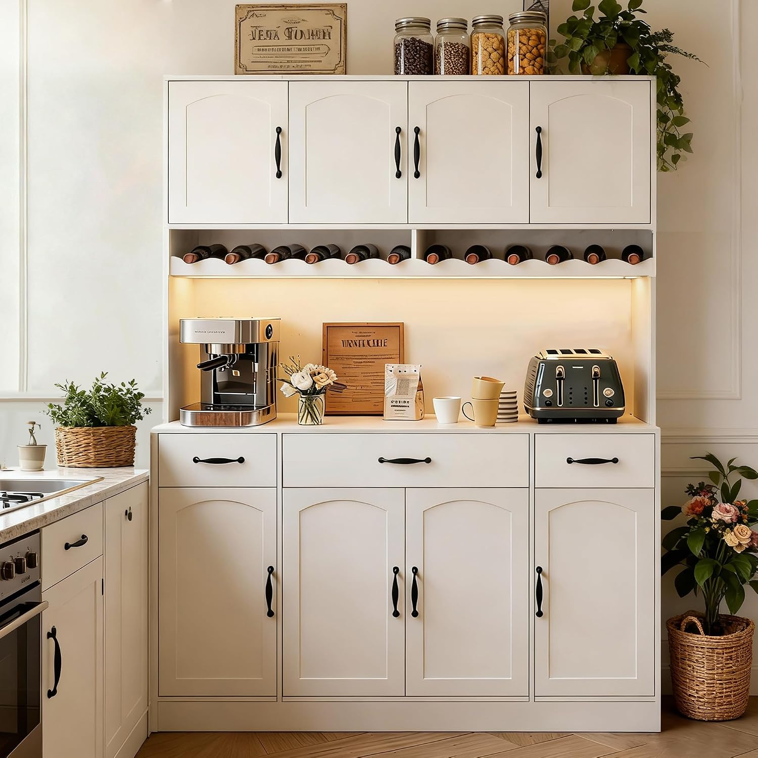 72' Tall Kitchen Pantry Cabinet with Charging Station 55' Wide Kitchen Hutch Cabinet with LED Light and Countertop Large Kitchen Pantry Storage Cabinet With Adjustable Shelves and Wine Rack