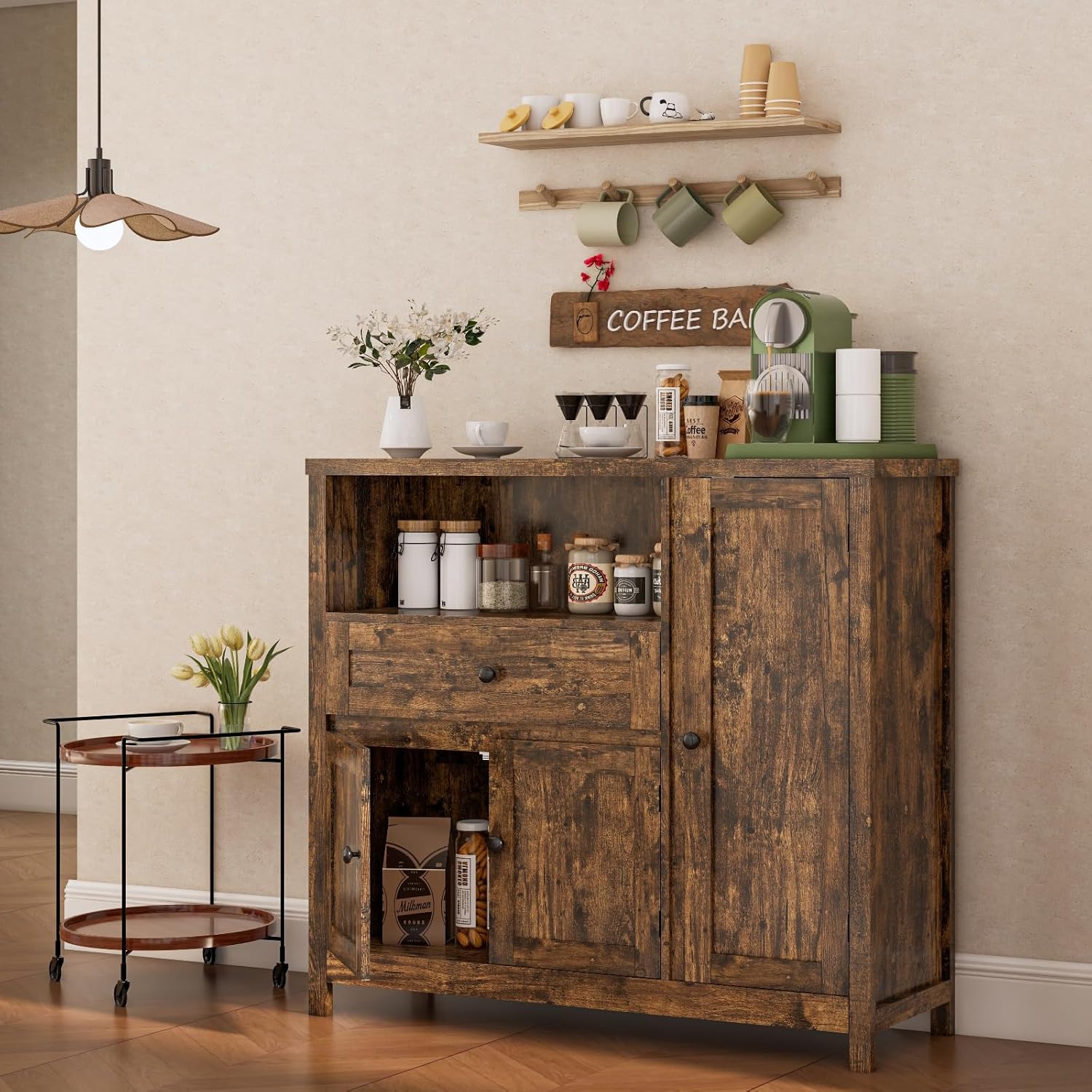 Viaozutis Coffee Bar Cabinet with Doors and Drawer, 35.4' Kitchen Storage Cabinet with Adjustable Shelf, Freestanding Buffet Sideboard for Dining Room, Bathroom, Entryway,（Retro）