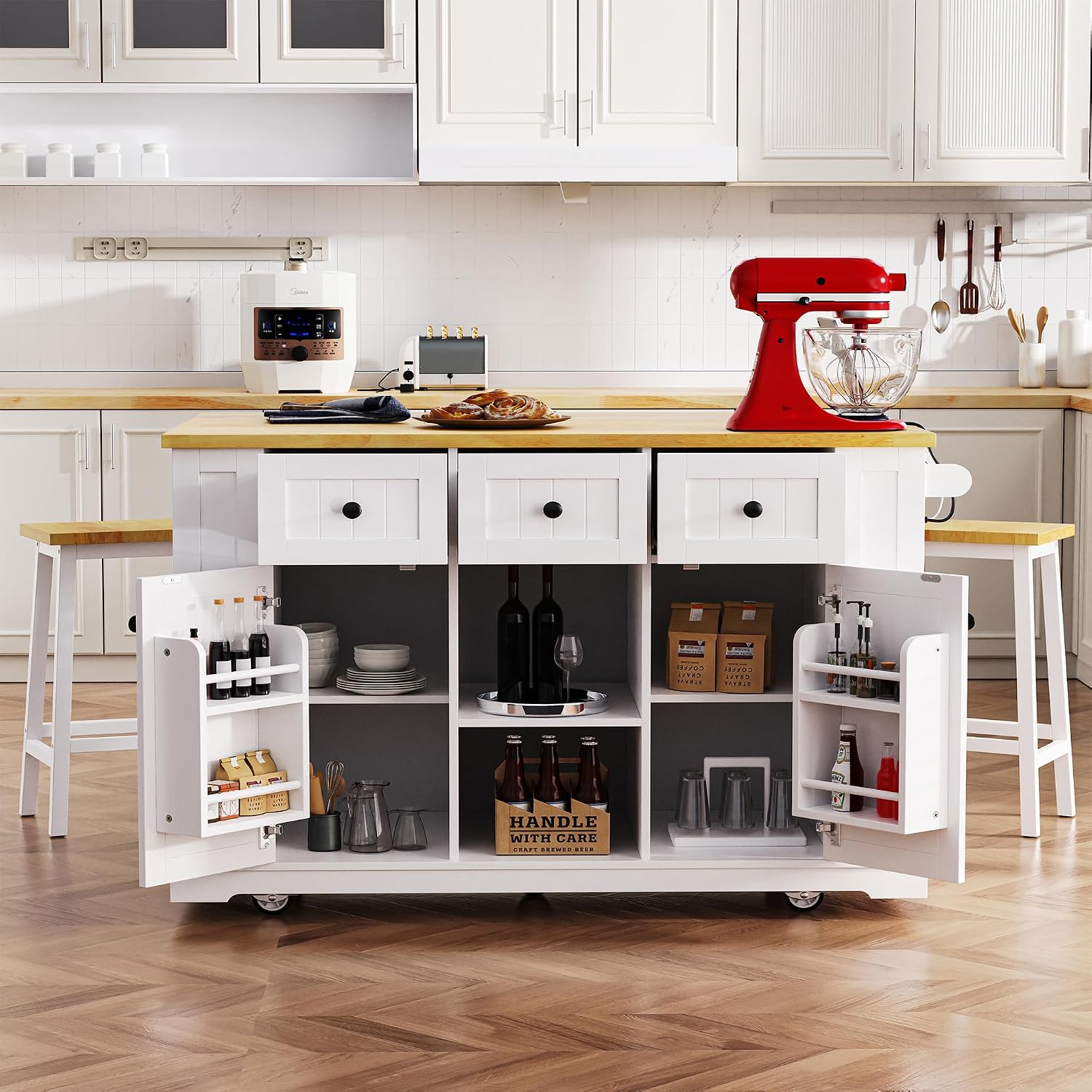 Classic Large Kitchen Island with 2 Bar Stools, Power Outlet,Door Internal Storage Rack, Kitchen Storage Cart on 5 Wheels with Drop Leaf, Used for Home, Dining Room (White/Large)