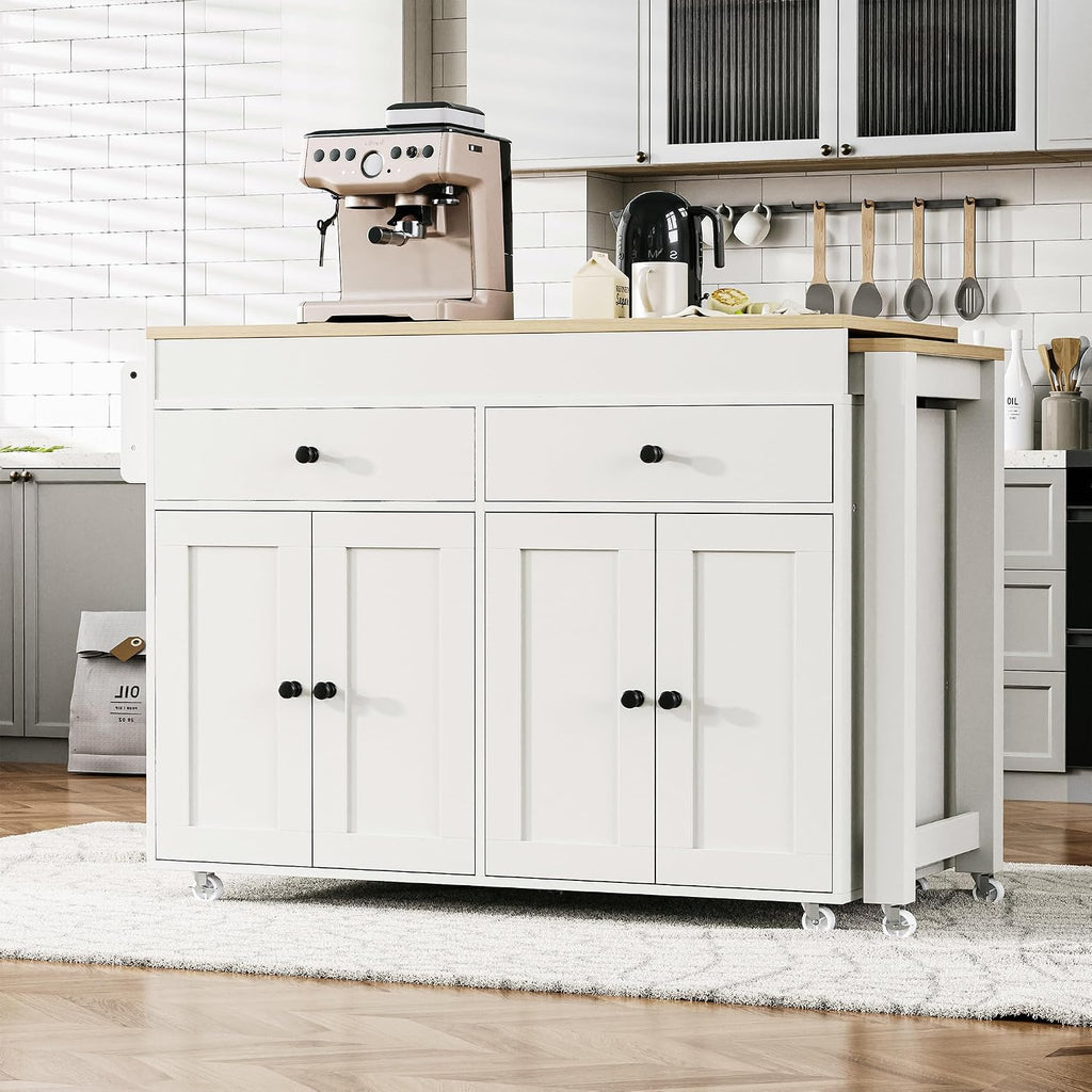 74.5 inch Kitchen Island with Extendable Dining Table, Rolling Kitchen Island on Wheels with Spice Rack and 2 Drawers, Kitchen Storage Cart with 4 Door Cabinet, for Kitchen, Dining Room (Off White/E)