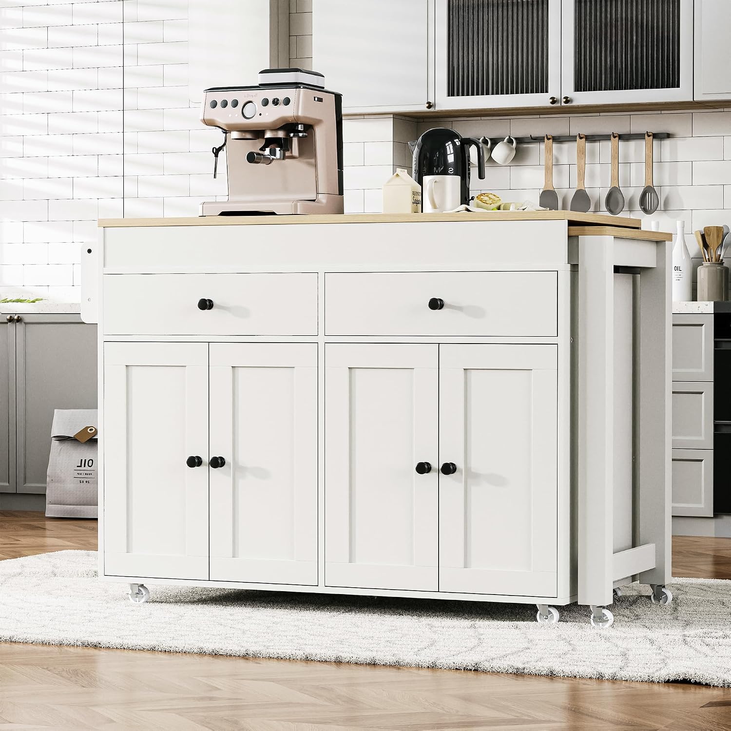 74.5 inch Kitchen Island with Extendable Dining Table, Rolling Kitchen Island on Wheels with Spice Rack and 2 Drawers, Kitchen Storage Cart with 4 Door Cabinet, for Kitchen, Dining Room (Off White/E)