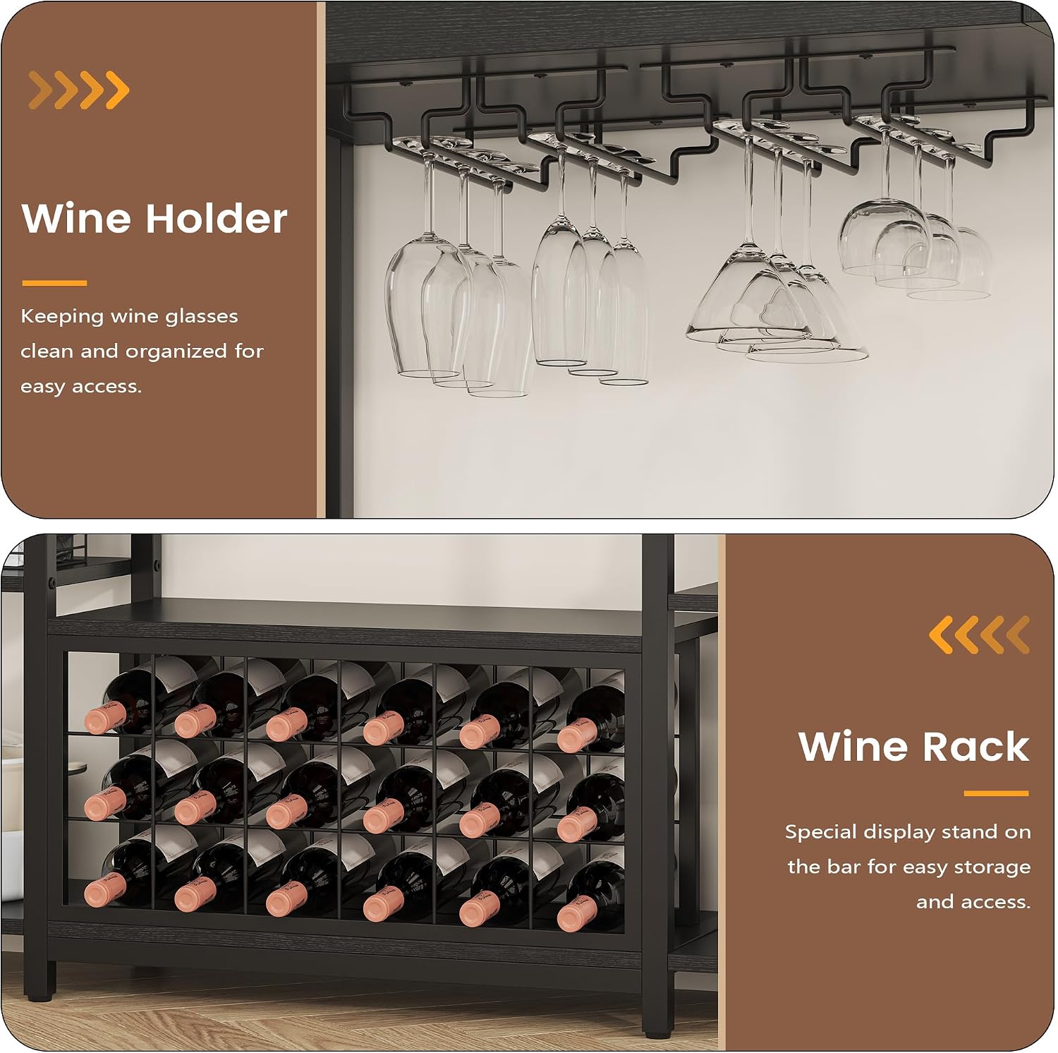 Nosepen 65.35 Inch Large Bakers Rack with Power Outlet and LED Light, 6-Tier Microwave Stand with Doors, Open Countertop and Storage Shelves, Farmhouse Coffee Bar Cabinet Station with Wine Rack, Black