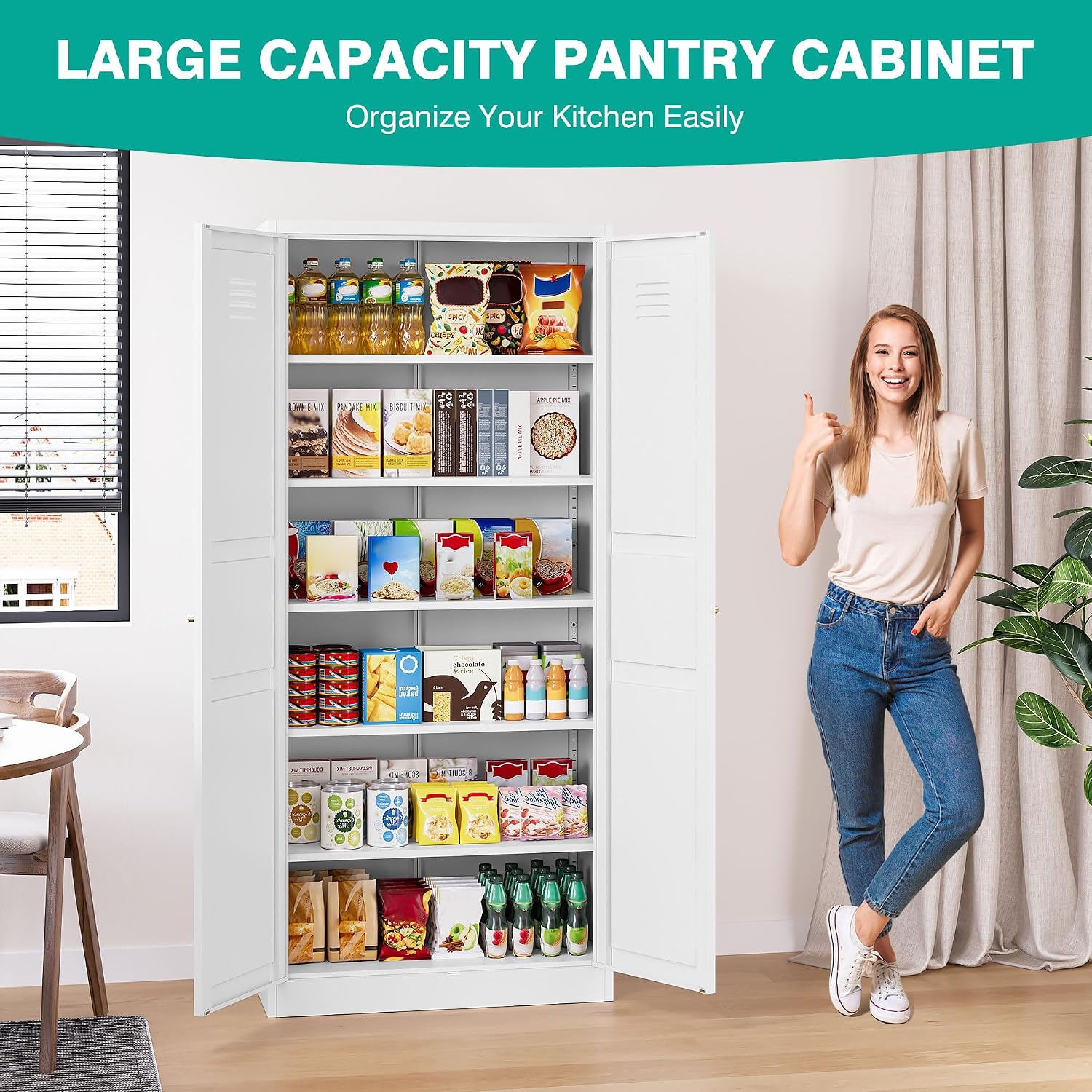 SISESOL 71' Tall Pantry Cabinet with 2 Doors and 5 Shelves,Kitchen Pantry Storage Cabinets,White Metal Storage Cabinet,Wide Deep Food Cupboard for Home,Kitchen,Dining/Living Room