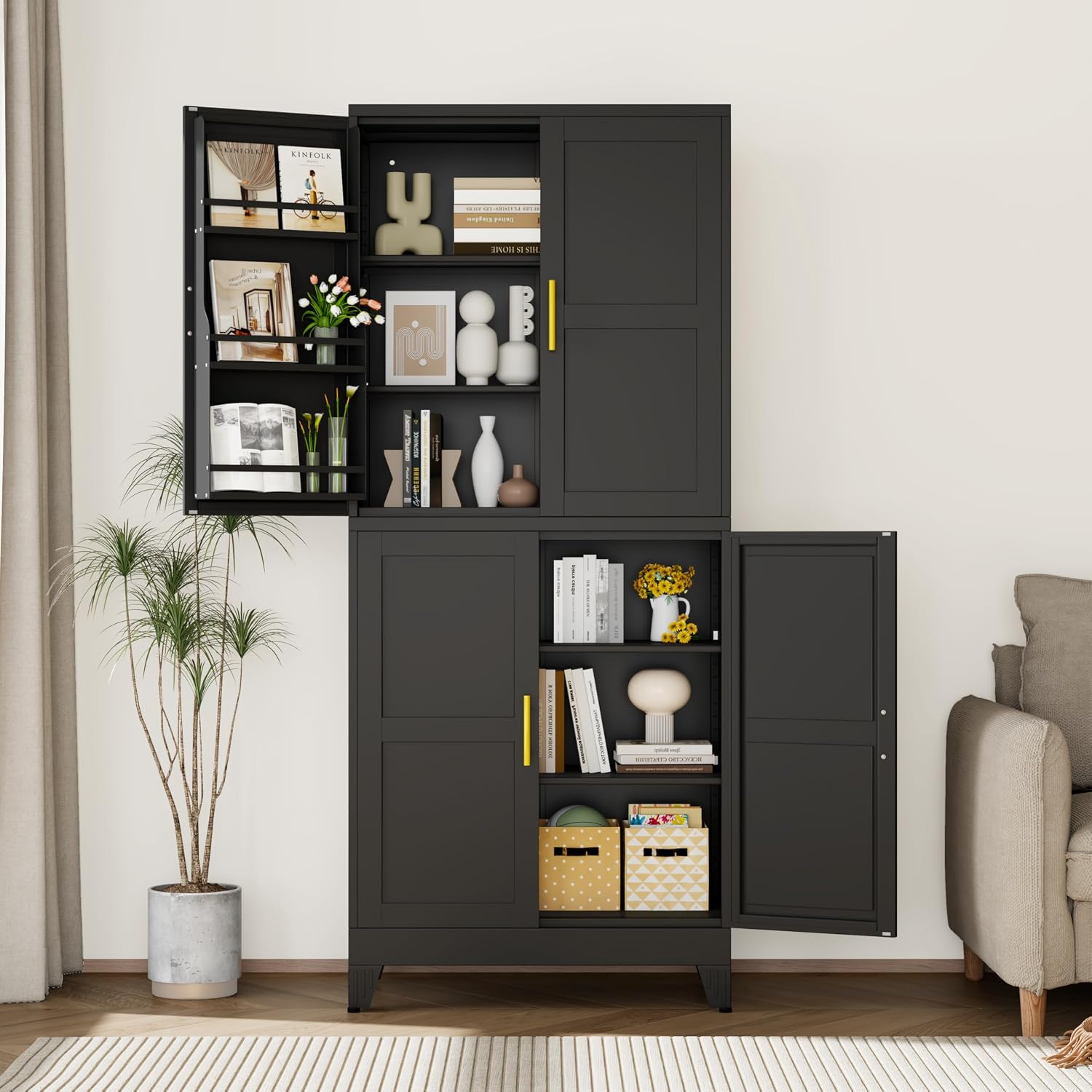 GAIOUS 74.8' Tall Metal Food Cabinet, Black Kitchen Pantry Cabinet, Storage Cabinets with 4 Door and 4 Adjustable Shelves, Steel Freestanding Cupboard for Kitchen Dining Room Living Room Bathroom