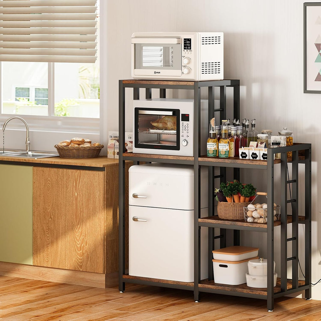 METYERRY Adjustable Mini Fridge Cabinet with Power Outlet,Kitchen Bakers Rack with Storage,Mini Fridge and Microwave Stand, Suitable for Office,Coffee Bar,Living Room, Dorm,Patio,Rustic Brown