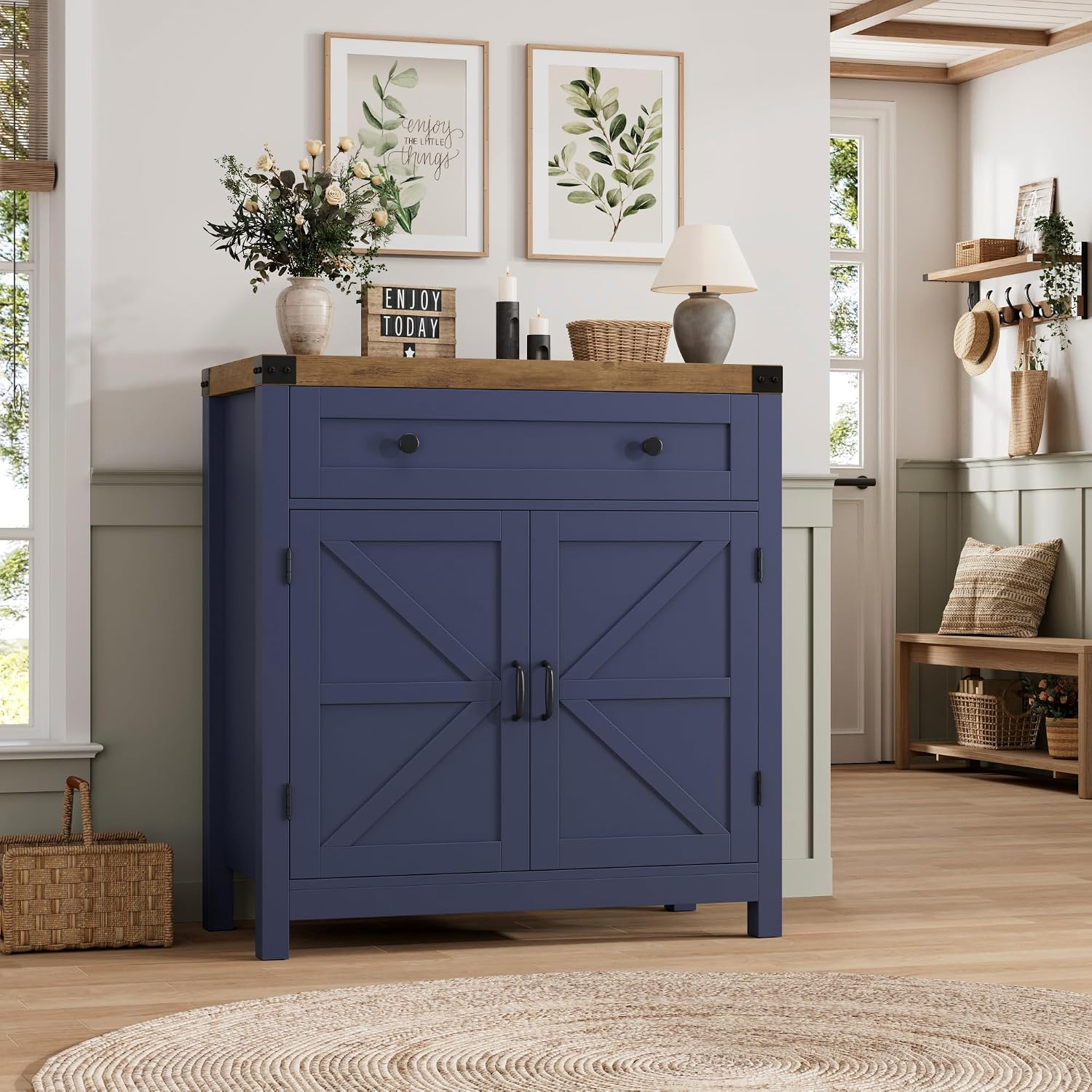 HOSTACK Coffee Bar Cabinet, Kitchen Storage Cabinet, Modern Farmhouse Buffet Sideboard with Drawer & Adjustable Shelf, Barn Door Accent Cabinets for Kitchen, Dining Room, Entryway, Blue/Rustic Brown