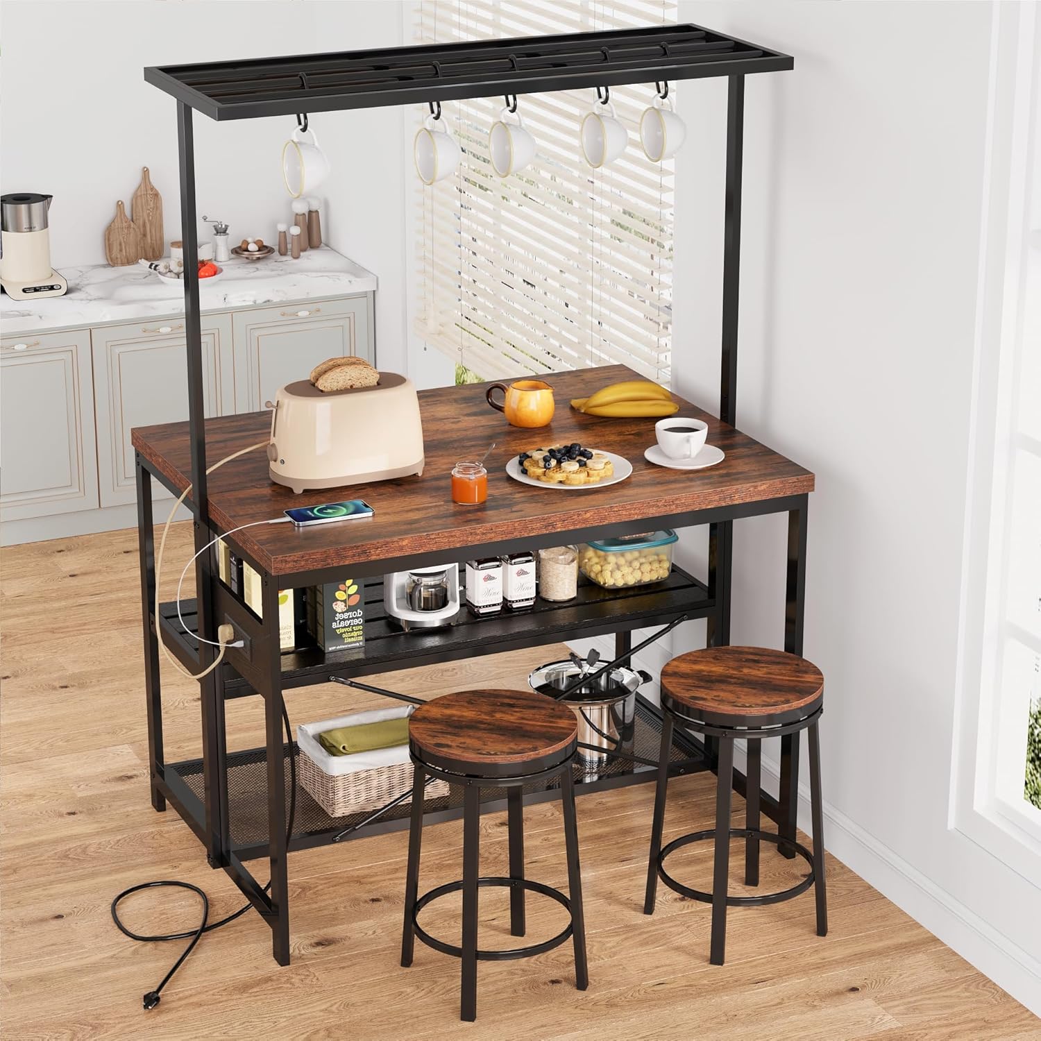 TrailBlaze Kitchen Island with Storage & Power Outlet – 3-Tier Bakers Rack, Microwave Stand, Coffee Bar Table, 5 Hooks, Open Shelves, Industrial Organizer for Dining or Living Room, Vintage Color Top